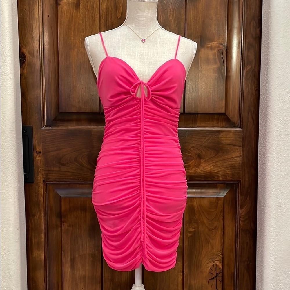 Cotton Candy Pink Ruched Mini Dress for Night Out - Picture 1 of 6